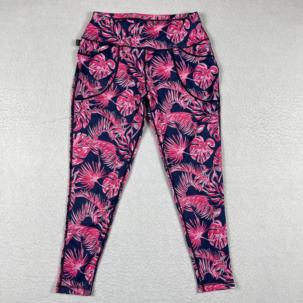 Simply Southern Leggings Womens Small‎ Pink Navy Blue Tropical Leaf Pockets